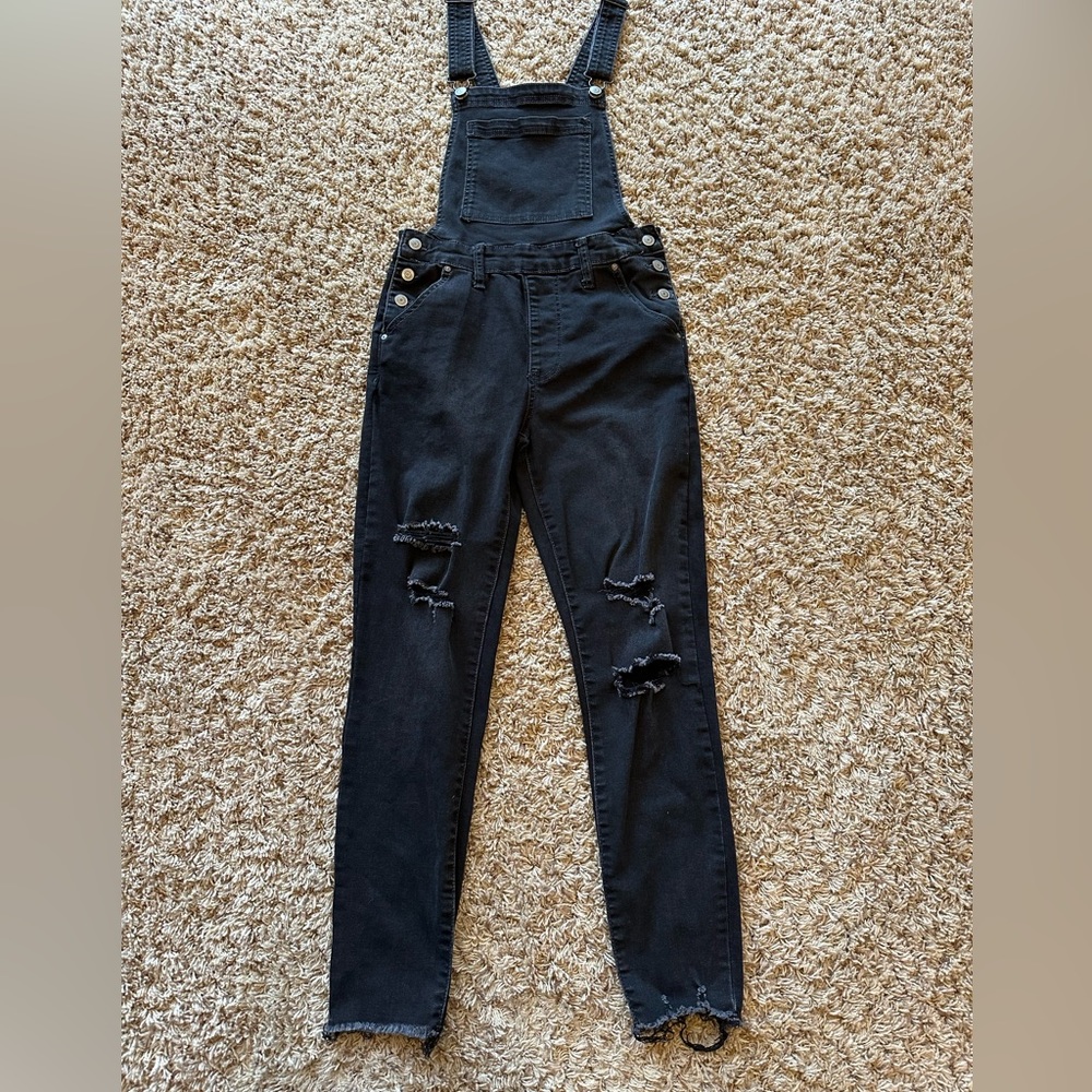 Black adult small overalls. Distressed black denim, with stretch.
